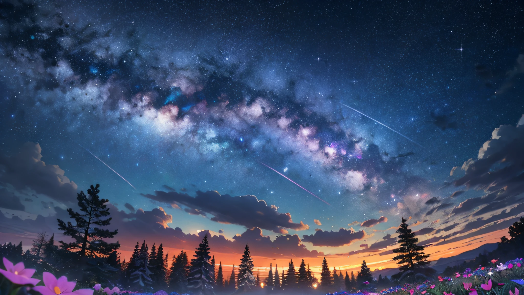 High quality, high detail, brilliant starry sky, flowers of various colors emit dazzling light CG Art 8K