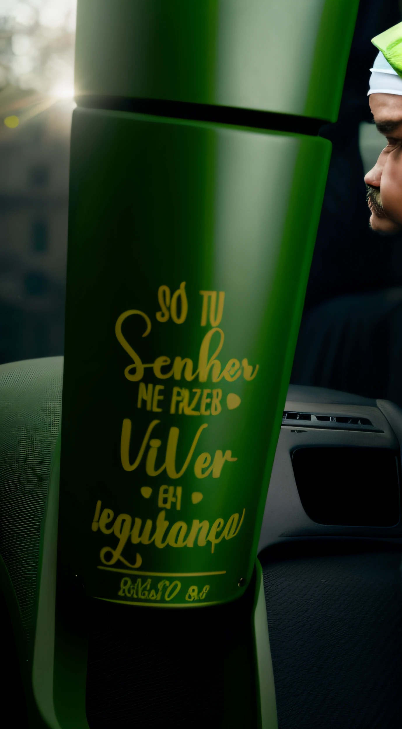 There is a green water bottle with a black cap on a car, por Veno Pilon, by Amelia Peláez, adesivo - svg, description, muito definido, exploitable image, coluna, muito superdotado, Directed by: Nandor Soldier, Directed by: David Ruby, Tag heur |, Directed by: Bernat Sanjuan