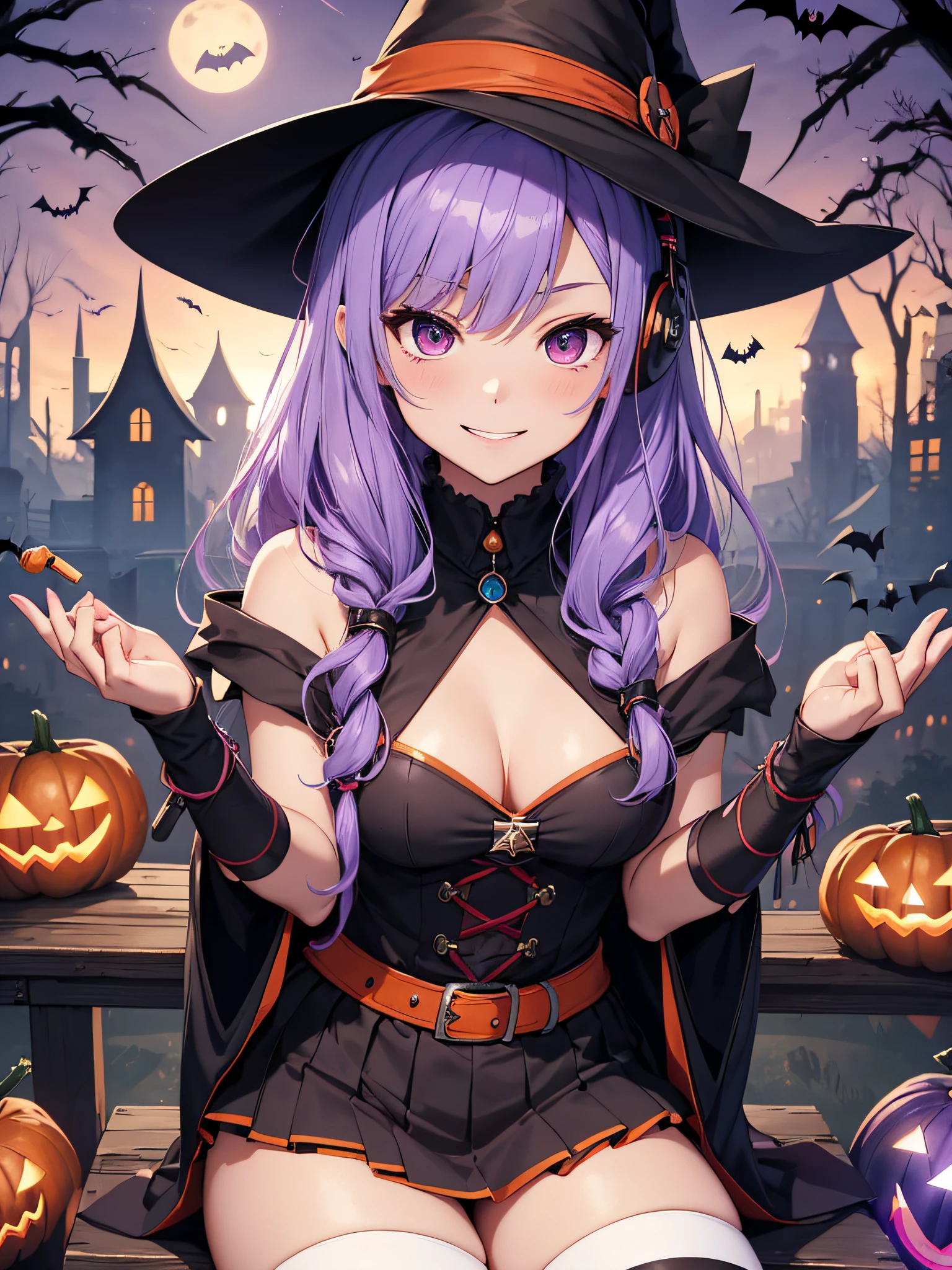 top-quality、Top image quality、masterpiece、((Panchira))、the bats、girl with((15yo student))、((Cute Witch Mini Skirt Cosplay))、((Halloween Backgrounds))、White shorts、Best Bust、Bust 85、Purple hair、Longhaire、Blue eyes、open chest wide、Happiness、Chain Accessories、Black wristband on wrist、sit a chair、A slender、A smile、Have a controller、Sexy Shots、gaming headphone、Leaning forward to your audience))hiquality、visualart、Magazine cover style、Grinning、Red Eyes、magic wands、Book of spells、Panchira、Witch's Pointy Hat、Western-style cemetery