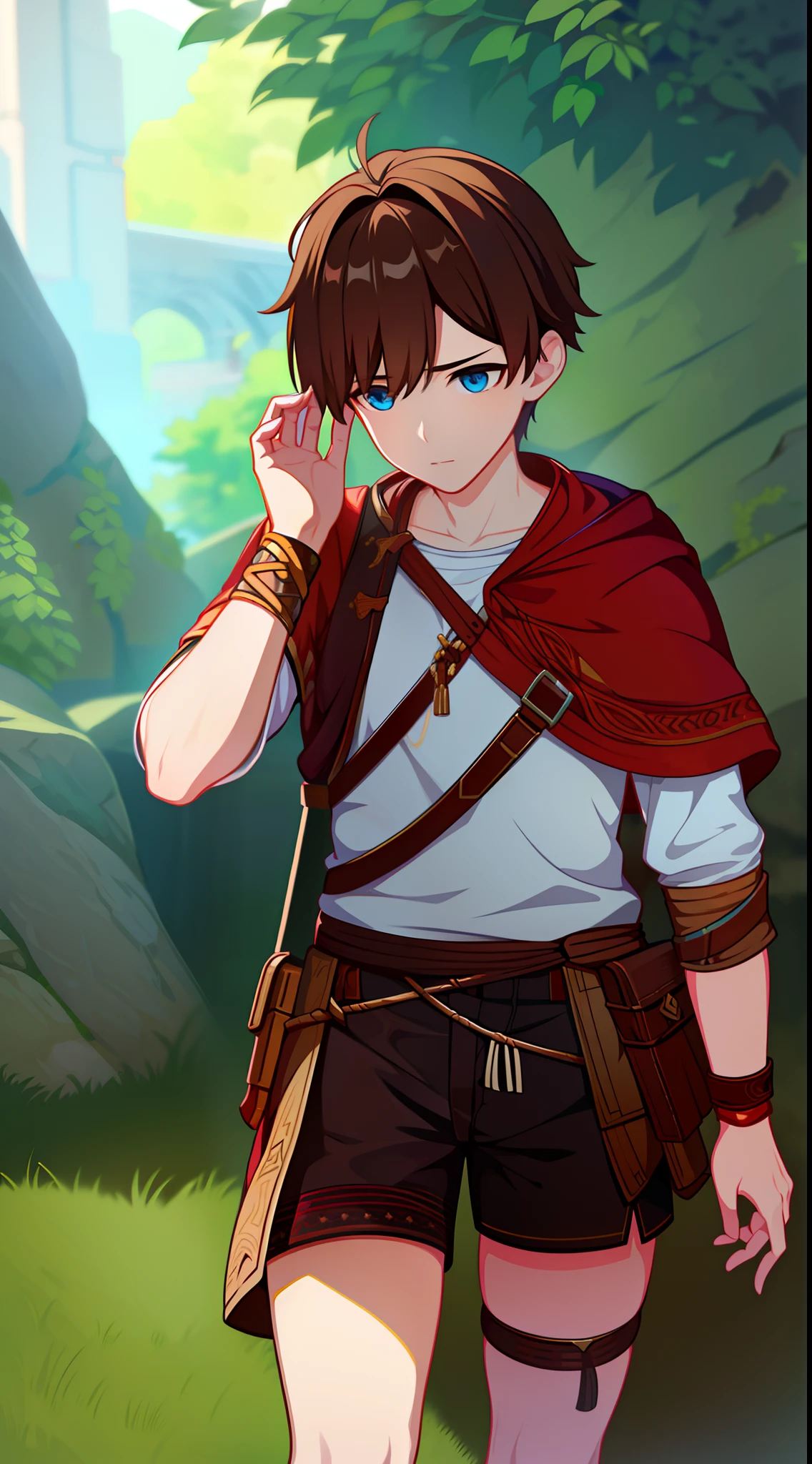 young boy, Atreus (God of War), brown hair, Cyan eyes, Hunter's clothes, Viking, Masterpiece, hiquality, high detail, HD, 4k