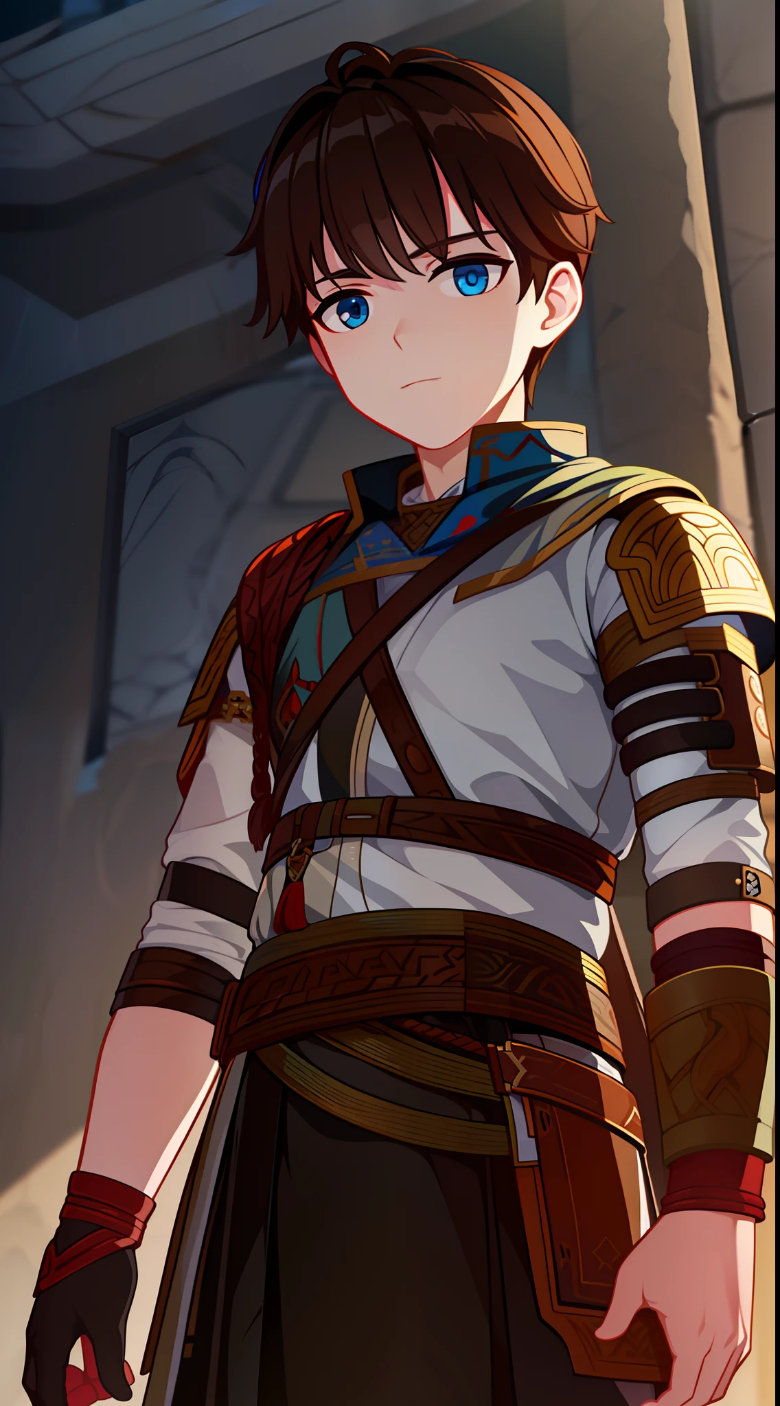 young boy, Atreus (God of War), brown hair, Cyan eyes, Hunter's clothes, Viking, Masterpiece, hiquality, high detail, HD, 4k