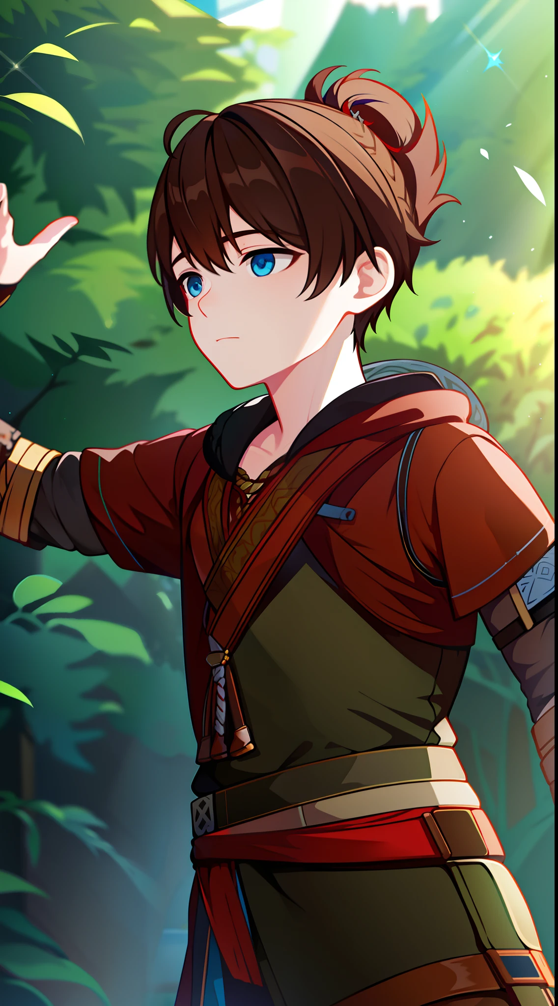 young boy, Atreus (God of War), brown hair, Cyan eyes, Hunter's clothes, Viking, Masterpiece, hiquality, high detail, HD, 4k