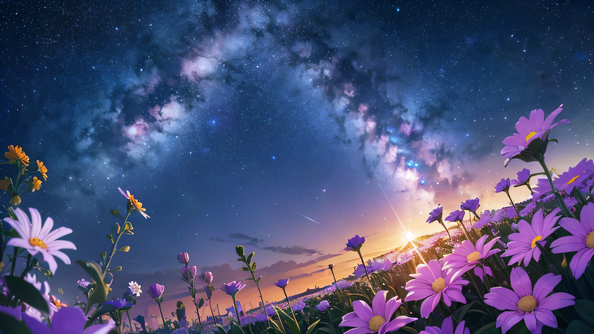 High quality, high detail, brilliant starry sky, flowers of various colors emit dazzling light CG Art 8K