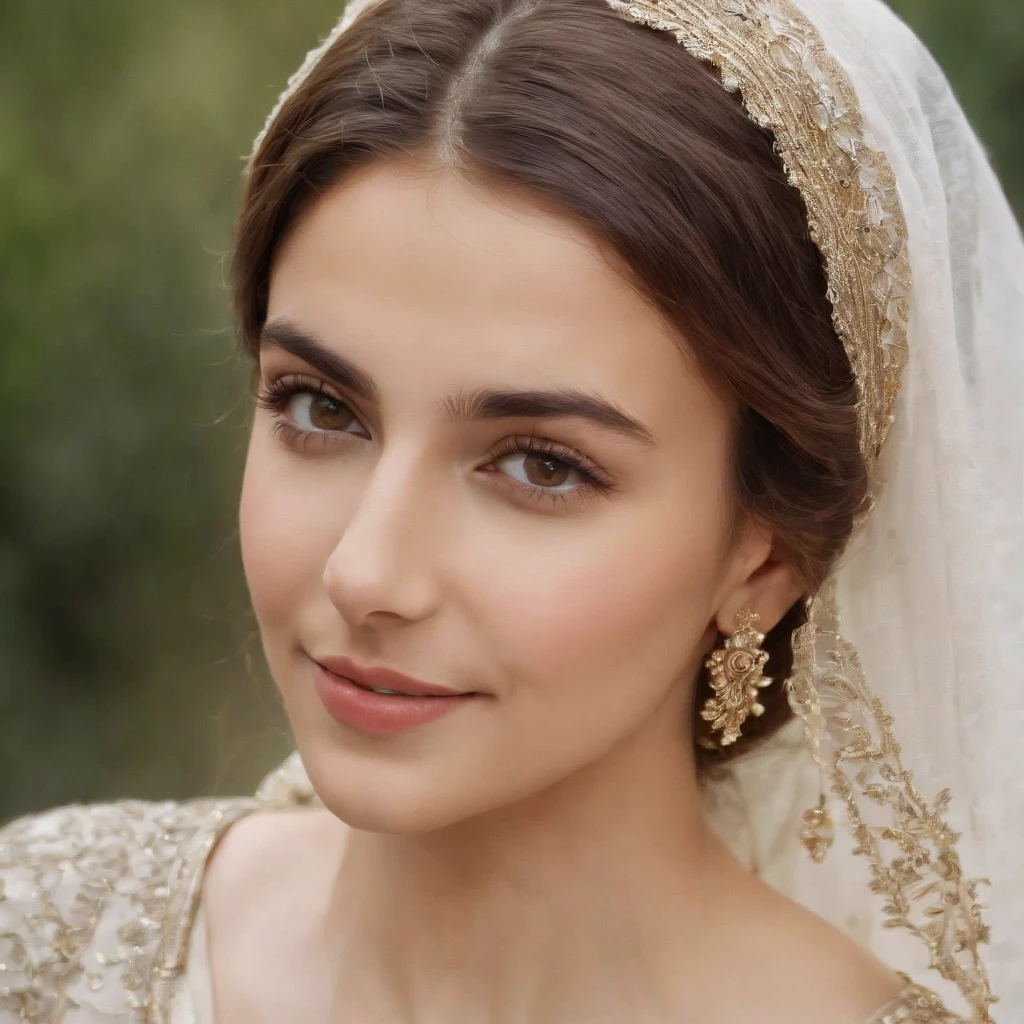 So beautiful Iranian girl with a wheath complexion, Un sourire innocent et charmant, grands yeux verts, portant une robe blanche soyeuse, her light brown hair flowing