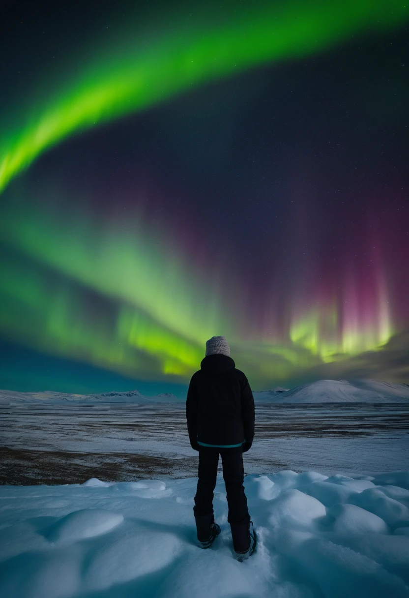 Snowy landscape and aurora borealis in Iceland。A boy looking up at the Northern Lights。
