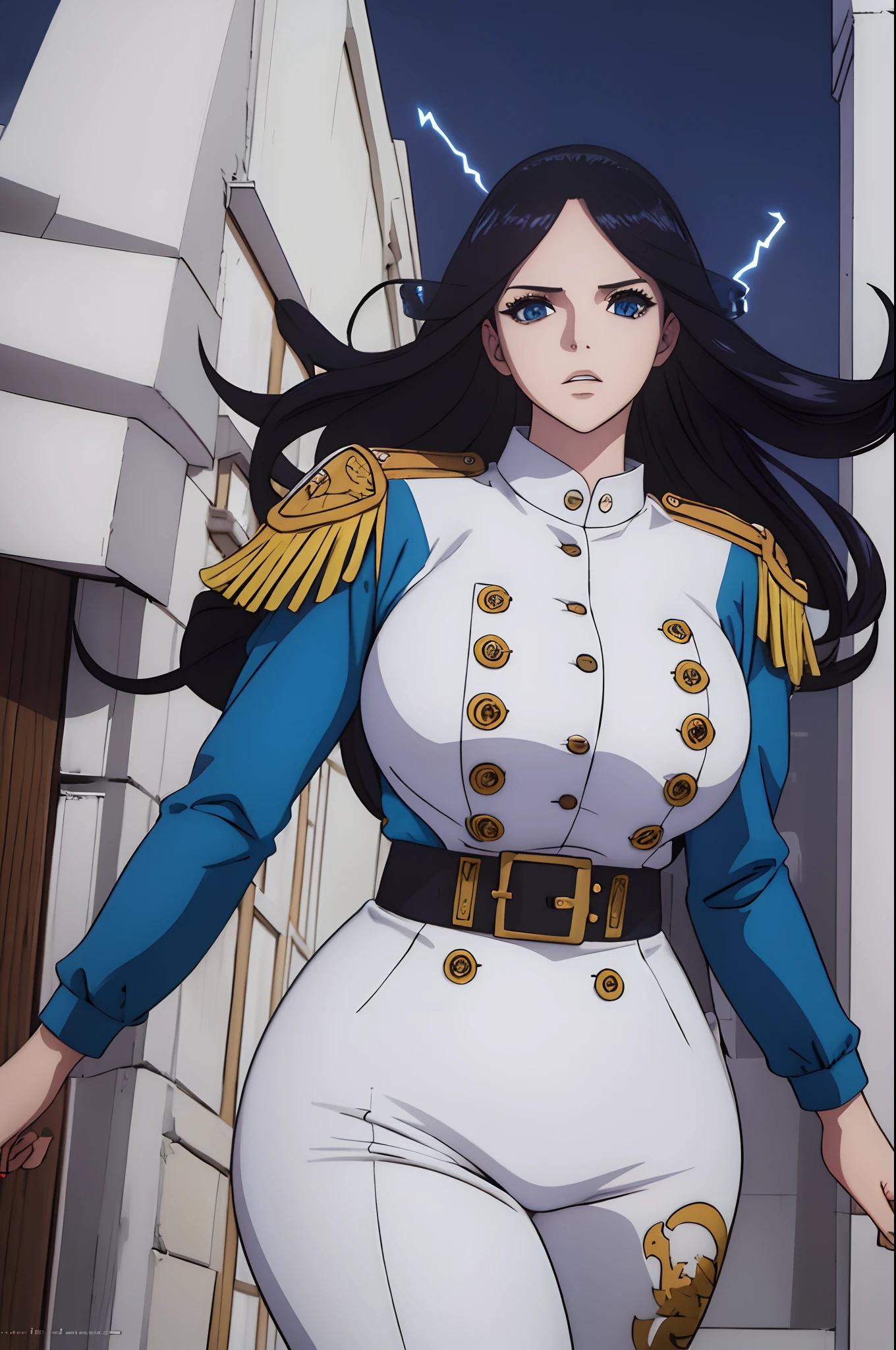 (masterpiece), best quality, expressive eyes, perfect face, 1girl, long hair, white hair, huge breasts, large breasts, thick thighs, curvilinear waist, blue shirt, white pants uniform, muscular female, dark blue eyes, gold adornments, curvy waist, juicy waist, with lightning around the body, dragon scales on body, dragon girl, monster girl, Navy Army Uniform, milf, mature female