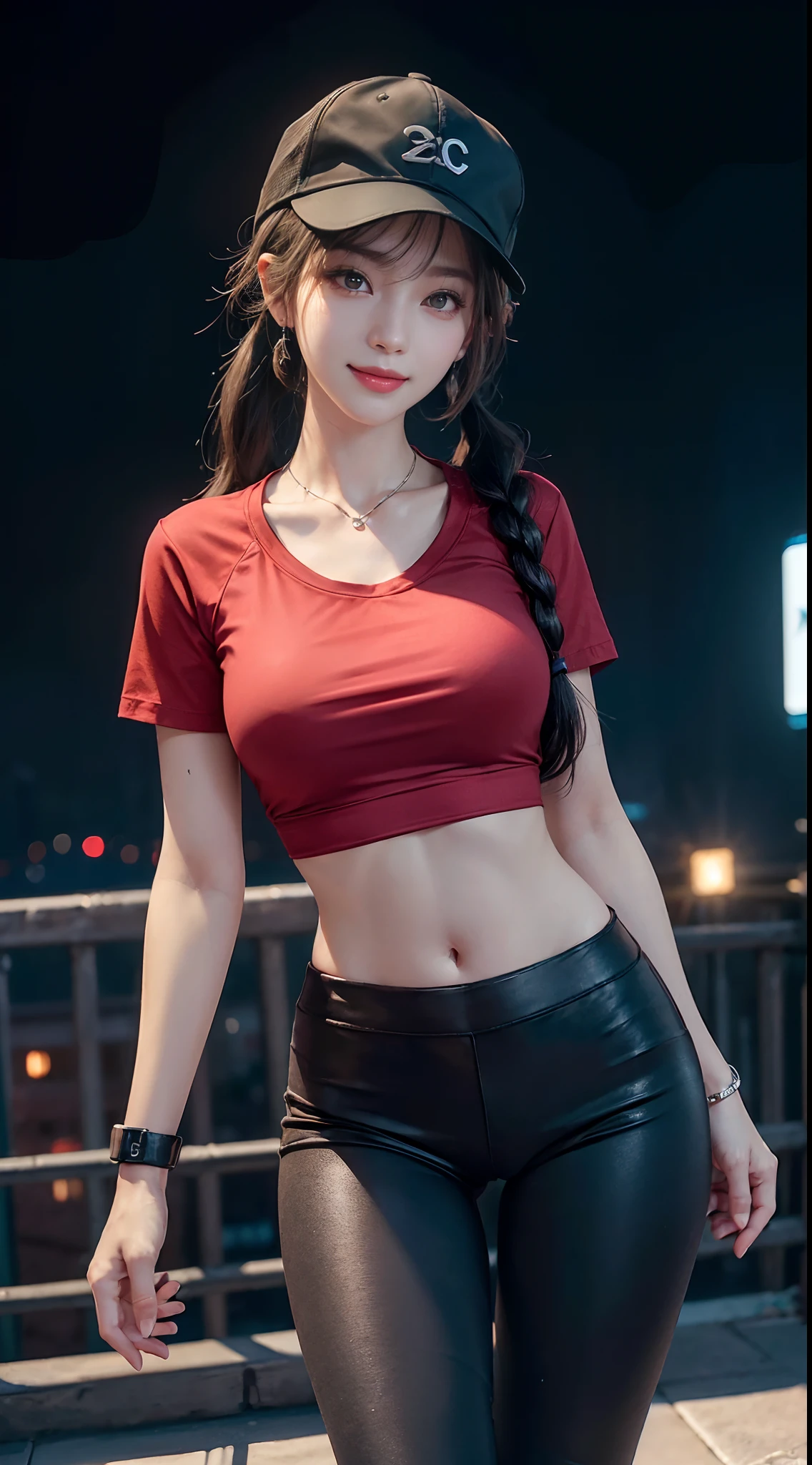 Upscale variant Remove background generated data tips Upgrade 8K, Masterpiece, RAW photo, Best quality, Photorealistic, Extremely detailed Cg Unity 8K wallpaper, Depth of field, Cinematic light, Lens flare, Ray tracing, (Extremely beautiful face, Beautiful lips, Beautiful eyes), intricate detail face, ((ultra detailed skin)) 1girll, In the dark, deepshadow, Pretty Korean girl, Kpop idol,(Very slim and slender muscular body), ((view the viewer)),(Big smile), (Fashion night, (neon lights sign), (The background is blurred out), midnight, (Vacant cities), (No one is in the background), Pretty Korean girl, White diamond earrings, Diameter bracelet, Dia necklace, Clear eyes, Walking , front footage, (Pale skin), Face forward, (Big eyes), ((upperbody shots)), (baseball cap("c" making)), ((black legging pants)), (camel-toe, Shape), ((Red T-shirt)), (pony tails) (view the viewer), Medium breasts,((Smile))