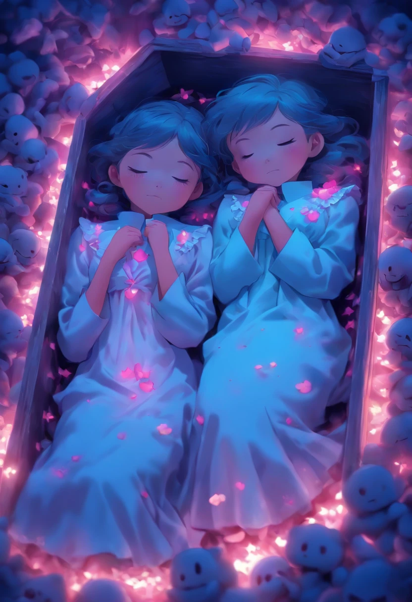 Twin sisters sleeping in a coffin，The older sister wore a light blue dress，The younger sister wears a pink dress，Mary Jane shoes