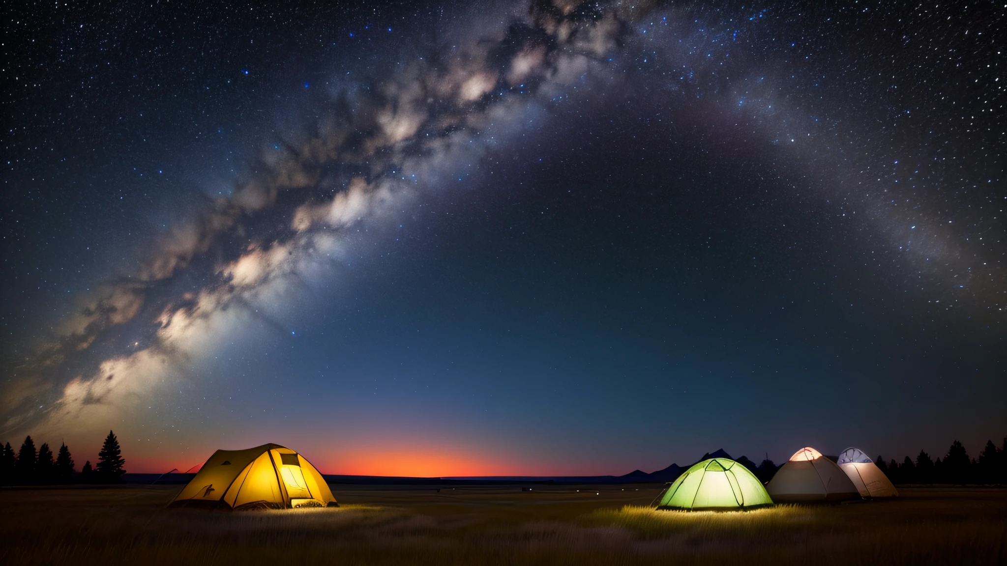 Prairie under the stars，Tents，the night，Light，galactic