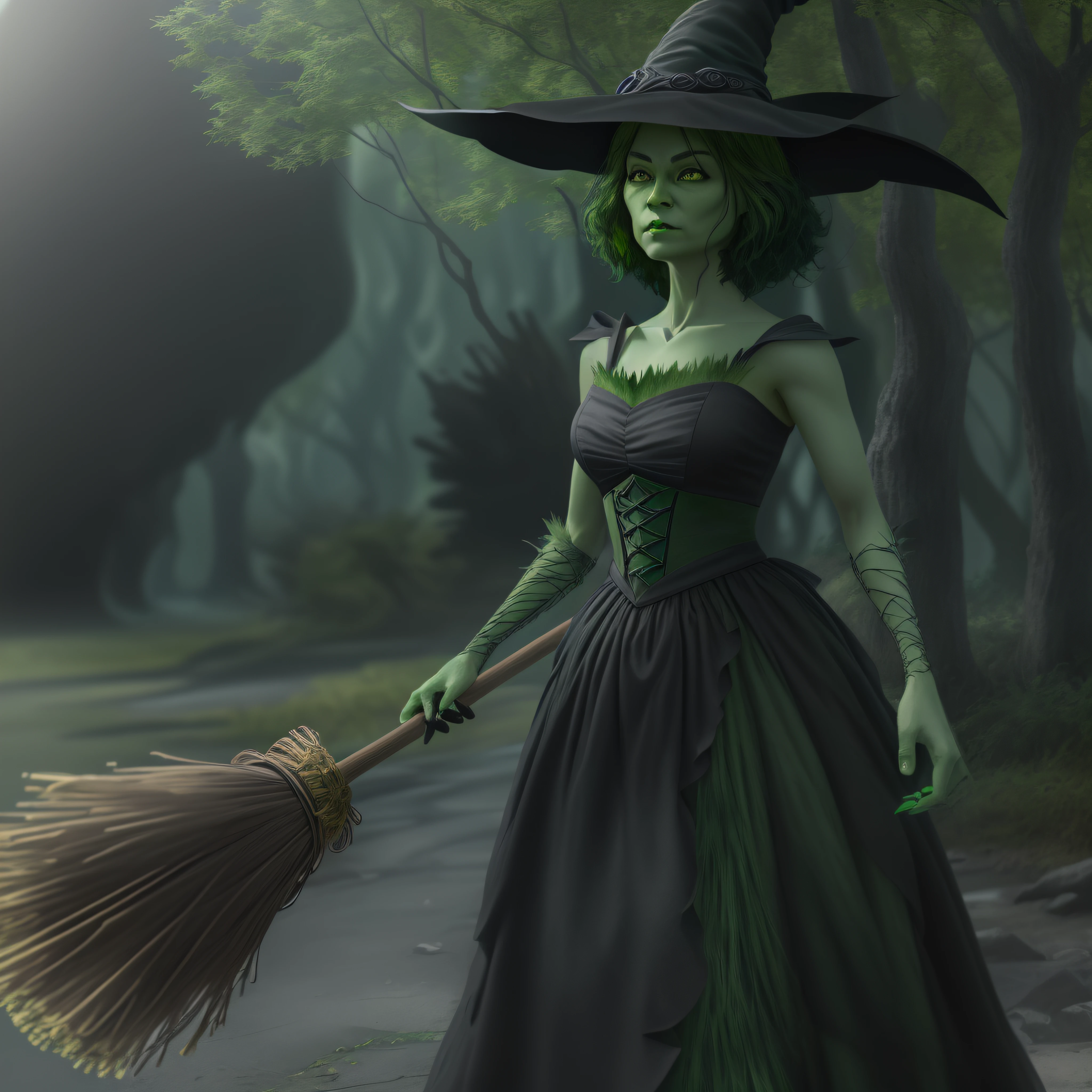 (((ugly green skinned witch))) from wizard of oz, (((flowing black dress))),(((black witch hat))), (((holding a freaky broom))), Drama Facebook,中景 the scene is,super-fine,ultra - detailed,high qulity,8K ,Sharply focus the eyes,highly detailed surreal vfx,oc rendered, - AR 16:9 --q 2 --s 1000, photo-realistic, octane render, unreal engine, ultra-realistic