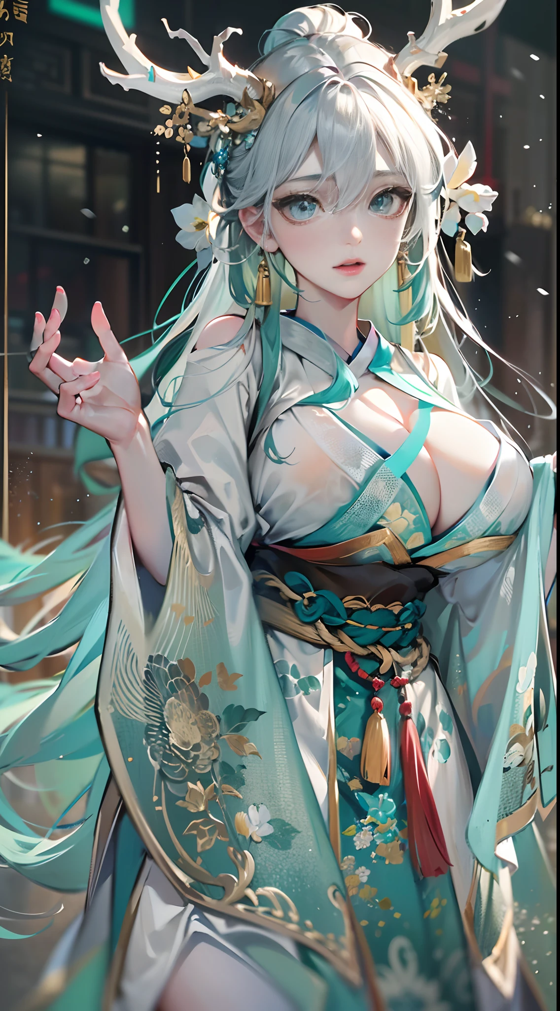 Depressing text,Dragon's horn,deer antlers,Portrait,Realistic effect,Female pervert,White-haired girl,Messy hair,Ancient wind,cyan colors,cyan colors,Cyan Hanfu(Delicate and mysterious antique patterns),high-heels,The expression after the climax,winning artwork,Silhouette effect,Epic composition,Stand in front of a window with falling snow(Ancient wind),(Antique background)Need,8K,The human body light and shadow effect is three-dimensional,Delicate face,(in the darkness nigth:1.6),Fantasyart,photographrealistic,动态照明,art stations,poster for,Volumetriclighting,Very detailed faces,4 k'',Award-Awarded, low tune, Cowboy shot, (Hanfu:1.4), long whitr hair,(Super huge))),(((Super huge breasts))),(cleavage),(Lift your clothes),((Cover your breasts))