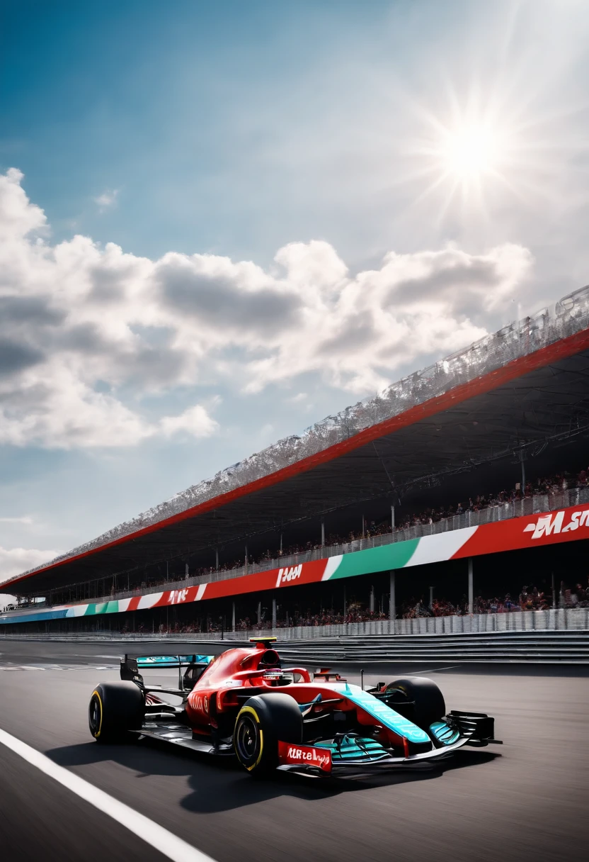 super cute Formula 1 podium, carro na pista, com publico no autodromo, with fireworks launch, carros parados na frente, with clear blue sky with very white clouds and sun, 3D Rendering LSD Vision Style Photo