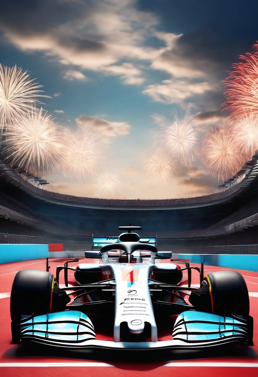 super cute Formula 1 podium, carro na pista, com publico no autodromo, with fireworks launch, carros parados na frente, with clear blue sky with very white clouds and sun, 3D Rendering LSD Vision Style Photo