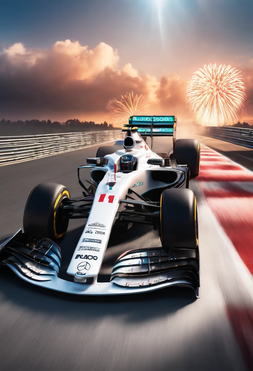 super cute Formula 1 podium, carro na pista, com publico no autodromo, with fireworks launch, carros parados na frente, with clear blue sky with very white clouds and sun, 3D Rendering LSD Vision Style Photo