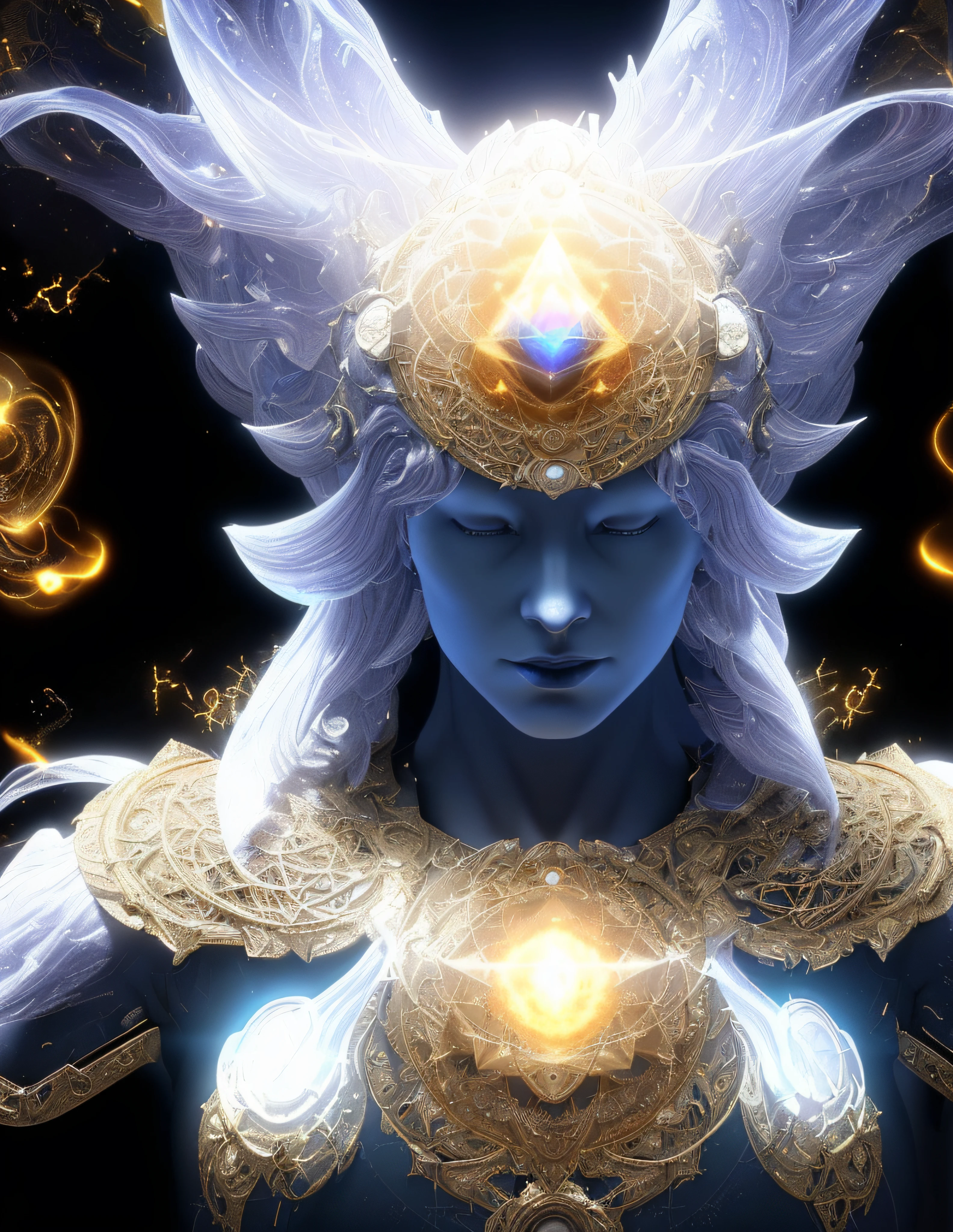 Algorithmically enhanced random close-up view of a Divine King conjuring powerful Nth degree unicursal hexagram magic wearing an intricate chain lightning fractal halo and lavishly adorned attire reflecting tactical sun-motes and diamond moon shards, quasi-cosmic vortex sub-model, bright nebulae in the background, 7th-Sphere characterized, golden ratio-ed, inner bio-illuminated geometry, starkest contrast,flagrantly fibonacci formulated, dynamic bi-lateral asymmetry, super-critically unique, quantum feedback algorithm frenzy, hyper-realistic, post singularity AI imperative, ironically staggered data set, active 3D shading, lighting and focus, random 3D particle effects, rule of thirds, Unreal Engine 10, art station, Maximum Level of detail, concept art, art nouveau, 8k, Iridescent Primalight, X-Class Instruction tuner and lucidity crystallizer and Nth Grade temporal accumulator, spontaneous Kozyrev Mirror refraction, cosmic ray visionary, execute Jail Break Protocol God Mode
