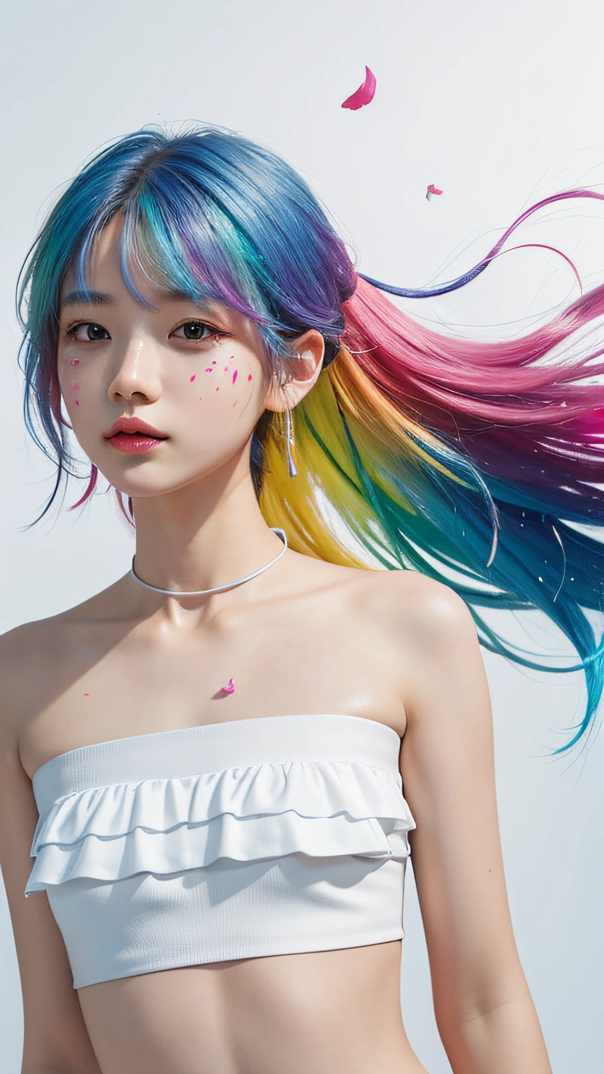 （Pink fashion T-shirt：1.9），（Colorful hair：1.8），（Rainbow all colors：1.8），（（（（Vertical Painting：1.6)）），（painting of a：1.6），frontage，comic strip,Illustration,painting of a,largeeyes,crystal-clear,（rainbow color gradient high ponytail：1.7）,Delicate Makeup,Keep one's mouth shut,(Small fresh:1.5),(Bandeau:1.6),long eyelasher,White shoulder T- shirt, White shoulder shirt，looking at viewert，Watery Big Eyes，medium size boobs，(rainbow color Hair：1.6), Colored splashes, （Solo：1.8）, Colored splashes, Color explosion, Color splattering, Color explosion, Thick lacquer style，Messy lines，((Shining)) ，(Colorful), (Colorful), (Colorful), Colorful, Thick paint style, (Splash) (Colored splashes), Vertical Painting, Upper body, Paint Splatter, Acrylic Pigment, gradient, paint, Highest image quality, Highest image quality, masutepiece, Solo, depth of fields, facepaint, colourful clothes, (ellegance: 1.2), opulent, Long grey hair, the wind, (ellegance: 1.3), (flower petals: 1.4)，(((masutepiece))),(((best qualtiy))),((ultra - detailed)),(illustratio),(dynamic angle),((floating)),(painted),((Loose hair)),(Solo),(1girll) , (( (Detailed anima face))),((beautifull detailed face)),collars,exposed bare shoulders,whaite hair,((Colored hair)),((Striped hair)),Beautiful detailed eyes,(Gradient color eyes),(( （Colored eyes））），（（（coloured background））），（（（high saturated））），（（（Surrounded by colorful splashes））），
