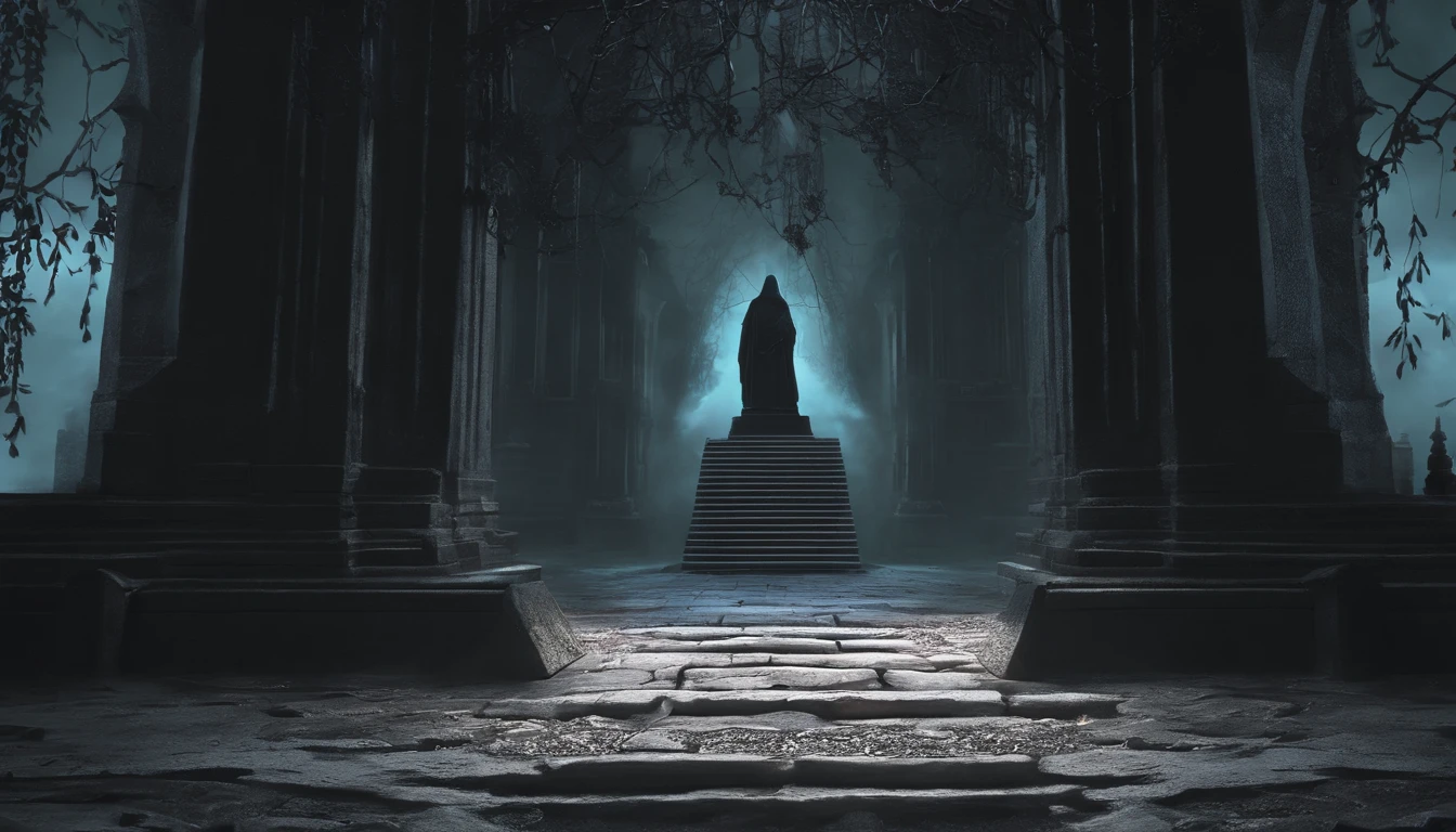 (best quality,4k,8k,highres,masterpiece:1.2),ultra-detailed,(realistic,photorealistic,photo-realistic:1.37),creepy,haunted shrine,terrifying,coffin,misty,dark lighting,spirit tablet,sarcophagus,gothic architecture,ominous atmosphere,foreboding,gloom,spooky vibe,dread,foggy,dimly lit,hauntingly beautiful,macabre,twisted,tremendously detailed,skeletal figures,ethereal presence,shadows,ghostly,phantasmagoric,spine-chilling,tombstone,graveyard,crypt,ancient,spiritual,horror,creeping horror,horrendous,shivers down the spine,supernatural,paranormal,nightmare,dreadful silence,unsettling aura,ghastly,creepy crawlies,evokes unease,forbidding ambiance,apparition