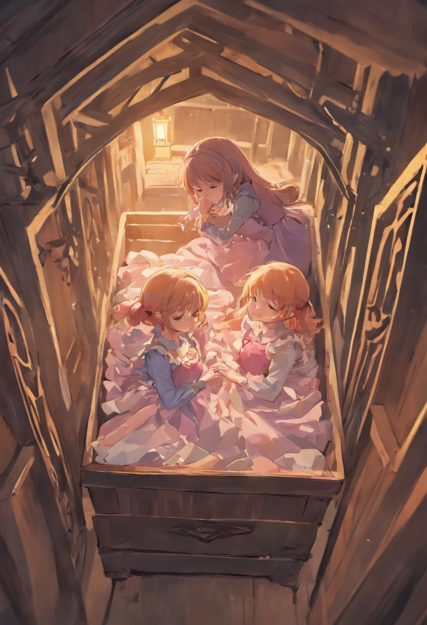 Twin sisters sleeping in a coffin,The older sister wore a light blue dress,The younger sister wears a pink dress,Mary Jane shoes