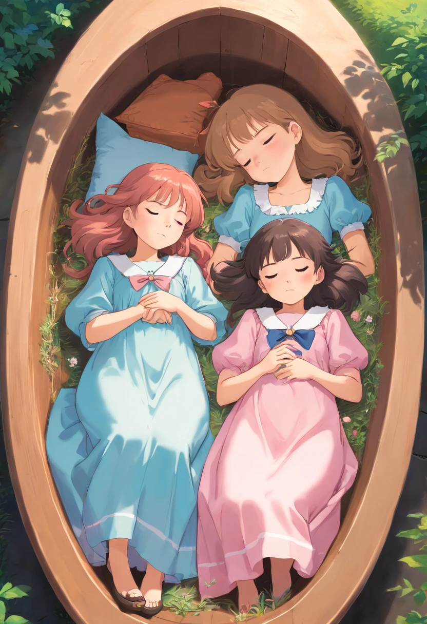 Twin sisters sleeping in a coffin,The older sister wore a light blue dress,The younger sister wears a pink dress,Mary Jane shoes
