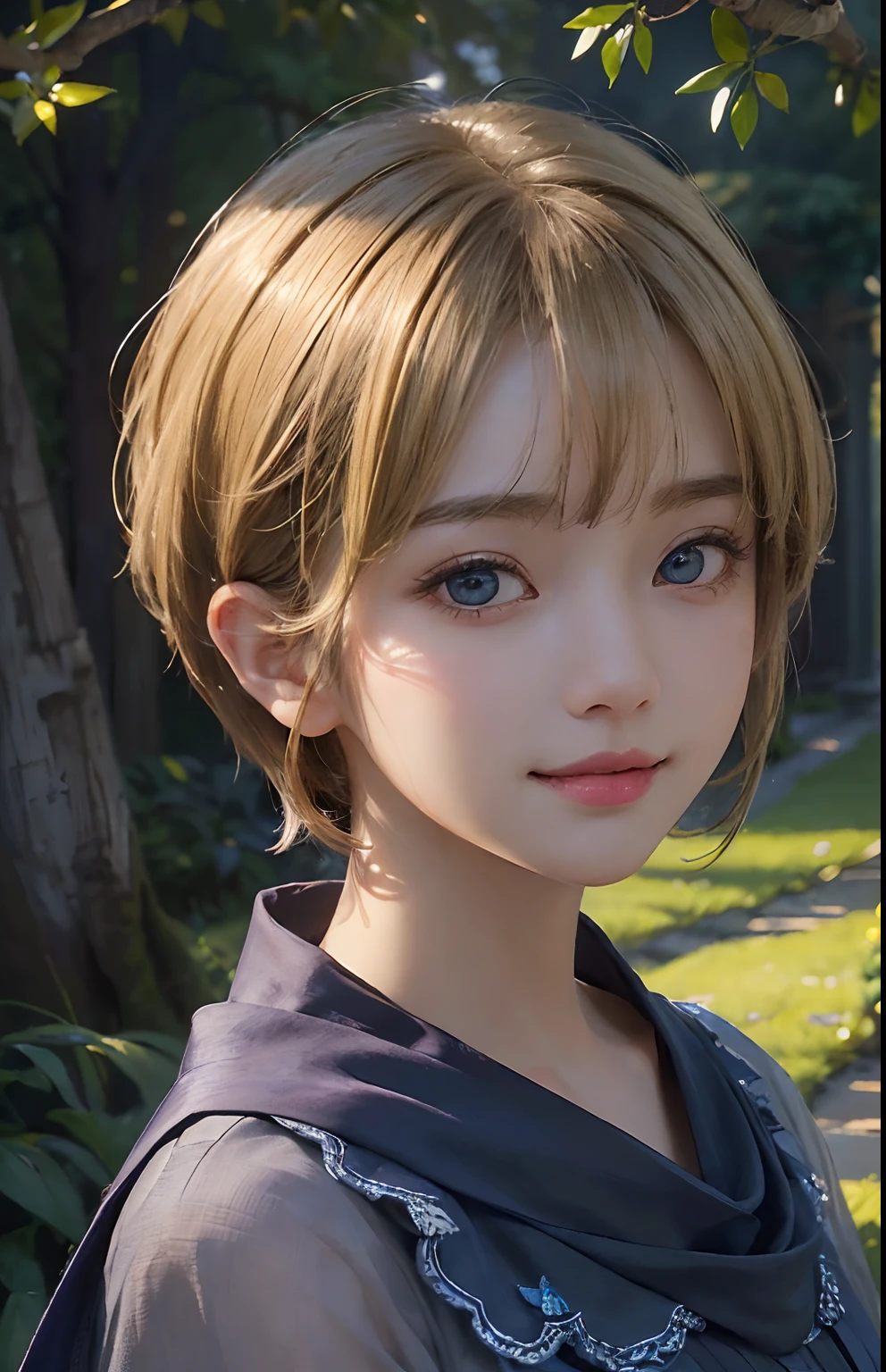 (A hyper-realistic)、(illustratio)、(hight resolution)、(8K)、(ighly detailed)、(Best Illustration)、(beautifully detailed eyes)、(top-quality)、(ultra-detailliert)、(masterpiece)、(wall-paper)、(A detailed face)、独奏、1 girl in、looking at viewert、fine detailed、A detailed face、Bright sunlight、deep-shadows、lowkey、pureerosfaceace_v1、A smile、a pixie cut、Blue Shawl、46-point diagonal bangs、a blond