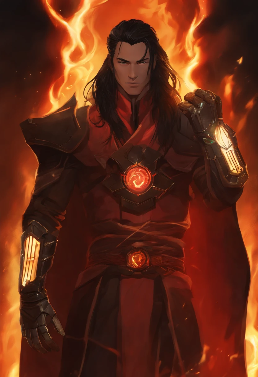 super detailed, 1Man, Long Black Hair, Chi Fighter, Fire Nation Clothes, (((Futuristic Eletric Gauntlet in one hand)))