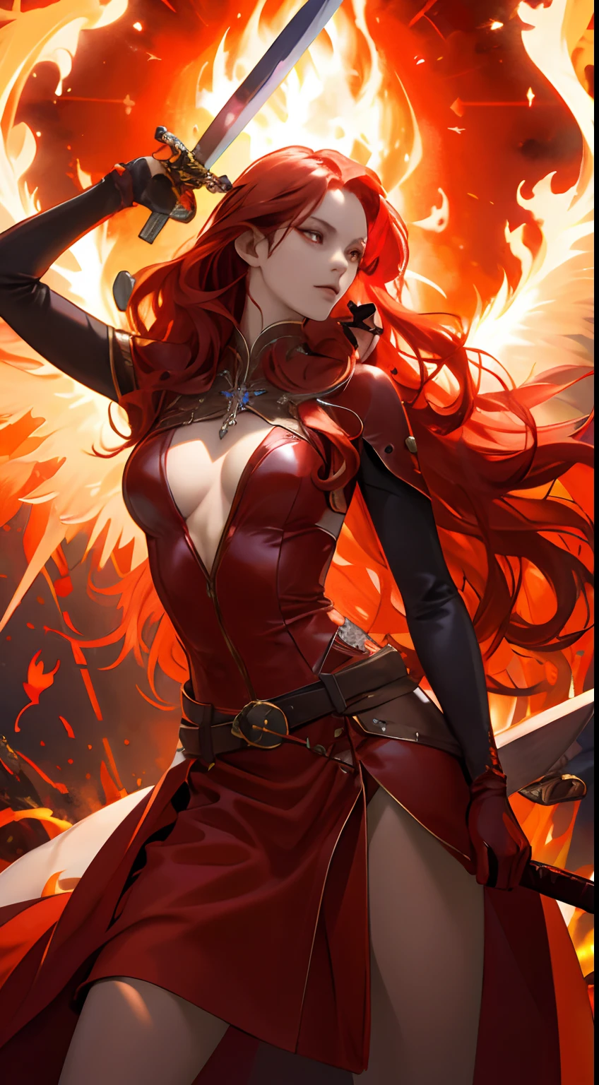 a cool,20th generation female,long red wavy hair,Red eyes,sharp eye,Red leather,body suit,gloves,Covers the whole body,Mystical decoration,a belt,breastsout,up chest,realistic illustration,loimu,of the Great Flame,Cover the sky,Fantastic,Expressed throughout the body,look up sky,Reach for the sky,It's like flying in the sky,(Effect Effects),Fantasia,Holding a huge sword in your hand,Flaming Sword,battle field,Beautuful Women,Deities々Right