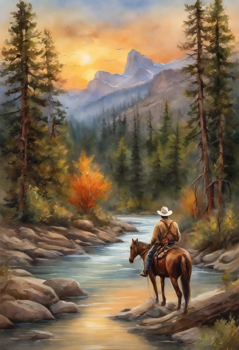 tmasterpiece,best qualtiy,Super detailed details,American Western cowboy,Riding a horse,Cross a clear river,Wilderness scenery of the American West, (Cowboy style man )