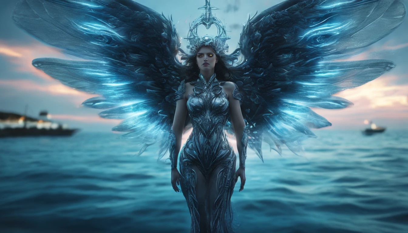 Cosmic Fallen Angel, glowing light eyes, Delicate and beautiful face，Bigchest，Biomechanical, eerie, Dream-like, Very bright colors, Light particles, with light glowing, Mshiv, wallpaper art, UHD wallpaper