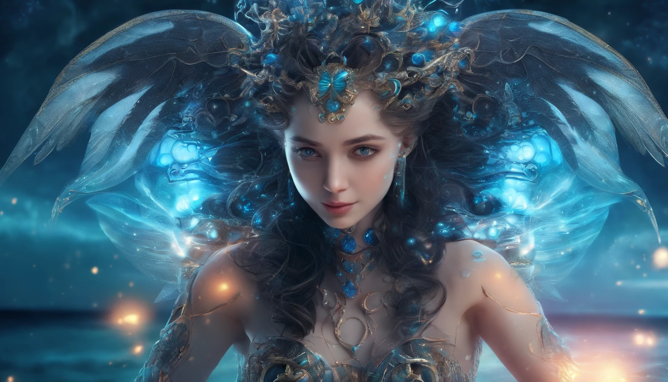 Cosmic Fallen Angel, glowing light eyes, Delicate and beautiful face,Bigchest,Biomechanical, eerie, Dream-like, Very bright colors, Light particles, with light glowing, Mshiv, wallpaper art, UHD wallpaper