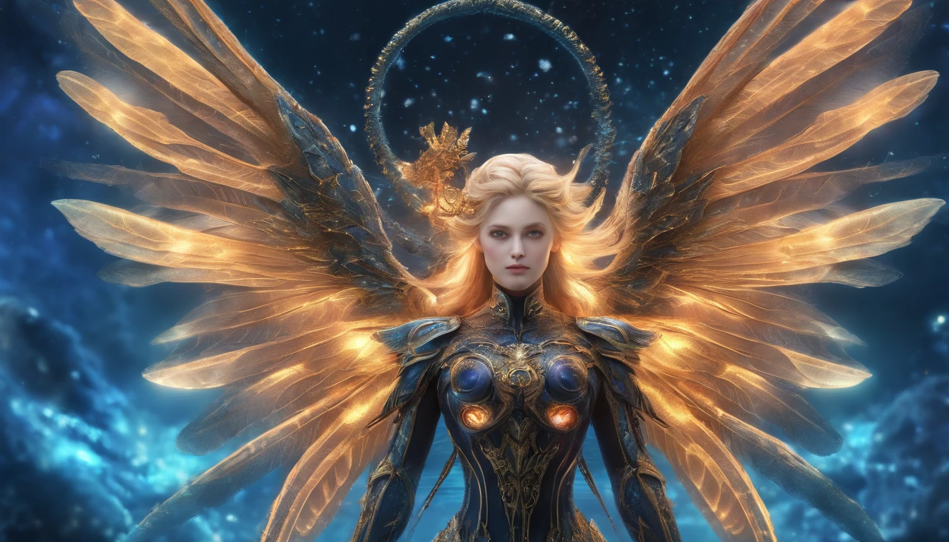 Cosmic Fallen Angel, glowing light eyes, Delicate and beautiful face，Bigchest，Biomechanical, eerie, Dream-like, Very bright colors, Light particles, with light glowing, Mshiv, wallpaper art, UHD wallpaper