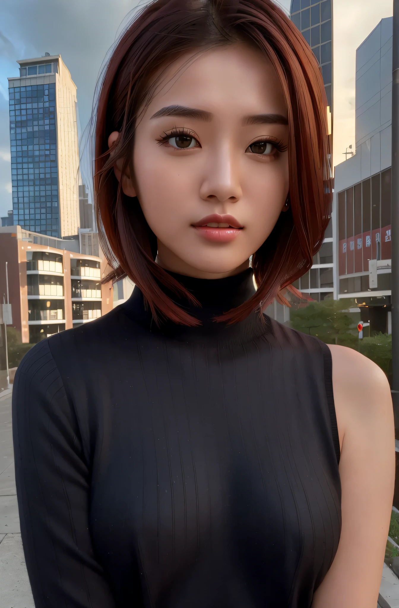 masterpiece, best quality, ultra high res, (photorealistic:1.4), beautiful lighting, RAW photo, 8k uhd, ultra detailed face, realistic lightning, Beautiful Asian Girl, Turtleneck Sweater, Short-red hair, hazel eyes, 28 years old, small breasts, thin body, shy, face the camera, city background, posing for camera