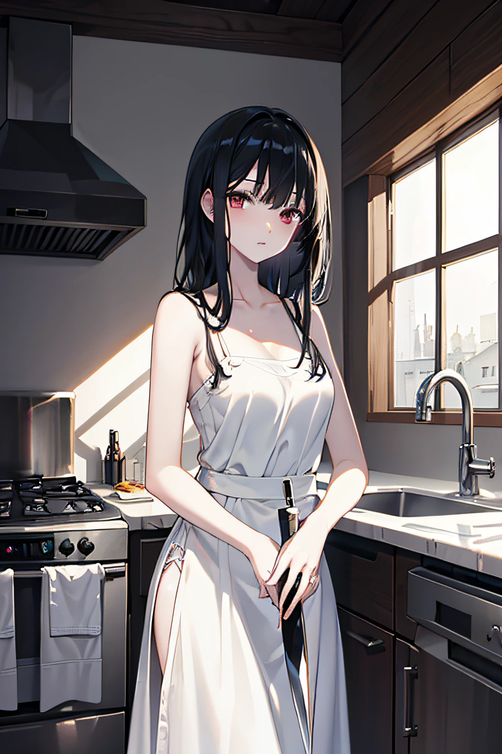 official art, unity 8k wallpaper, ultra detailed, beautiful and aesthetic,Black hair,White slip dress,Timid expression,Holding a kitchen knife,orphanage,Sunny atmosphere