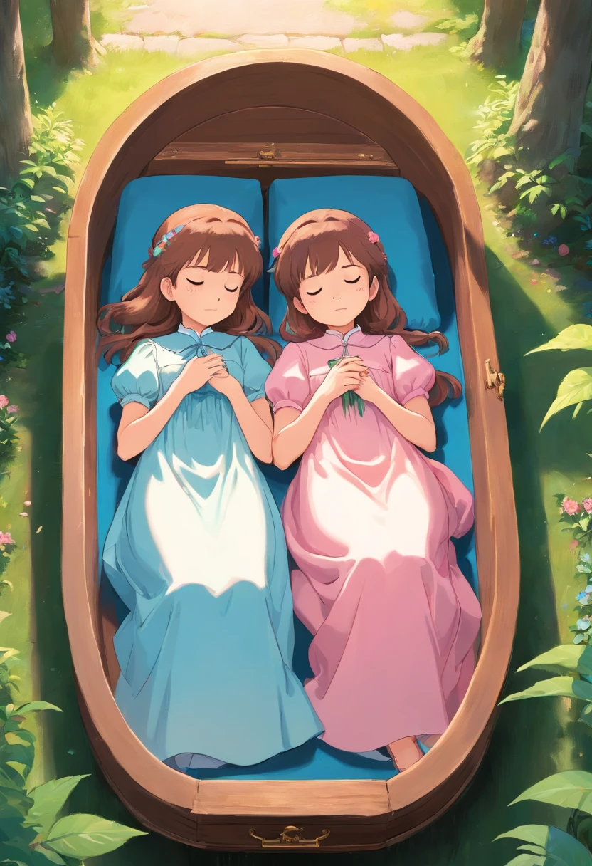 Twin sisters sleeping in a coffin,The older sister wore a light blue dress,The younger sister wears a pink dress,Mary Jane shoes,Mature and beautiful