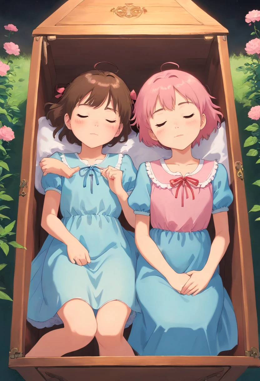 Twin sisters sleeping in a coffin,The older sister wore a light blue dress,The younger sister wears a pink dress,Mary Jane shoes,Mature and beautiful