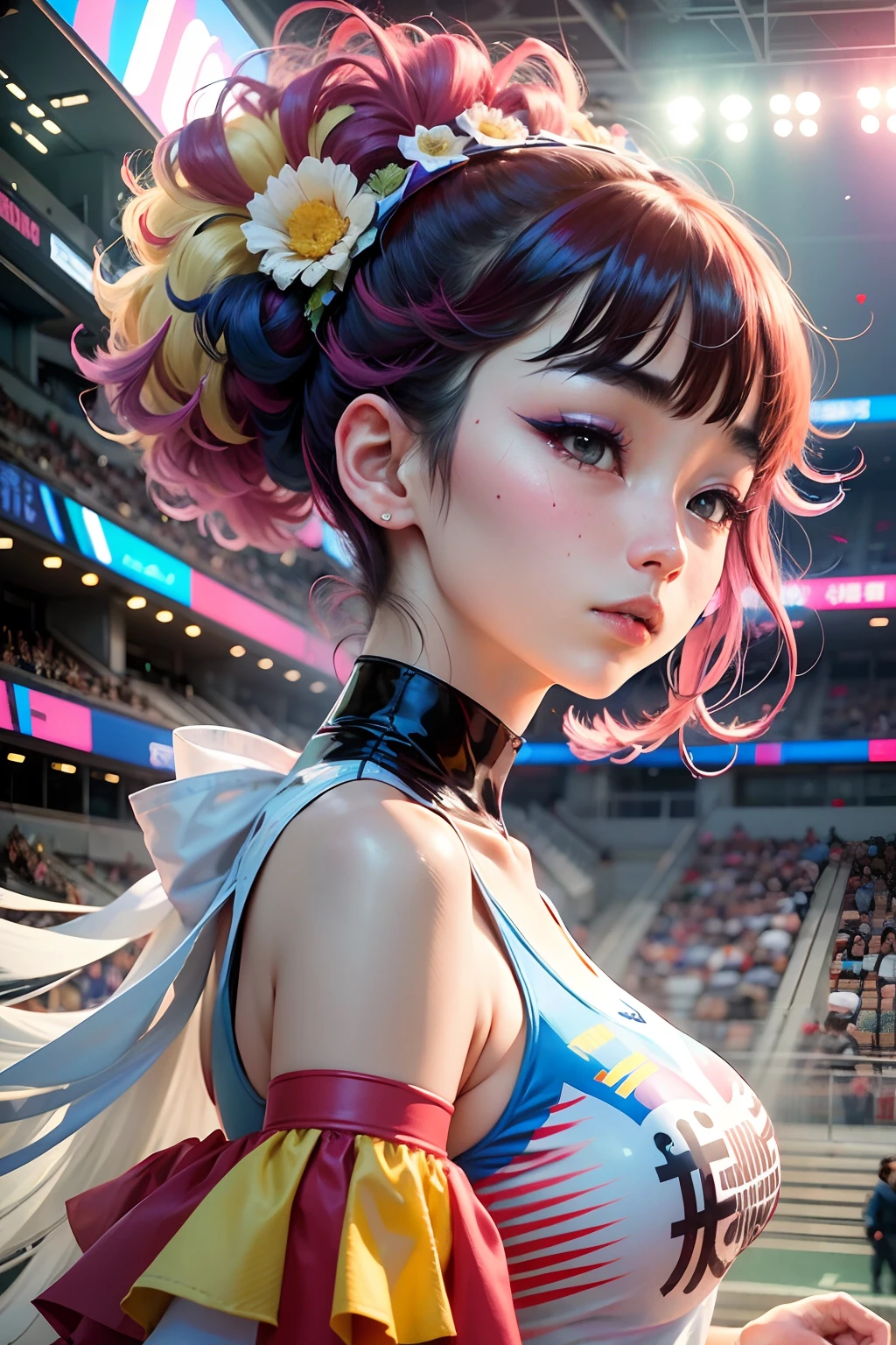 In an ethereal Tokyo stadium, cheerleaders dance with the fluidity of Yusuke Nakamura. Their elongated, otherworldly forms echo Aya Takano, set against a vibrant neon 80s backdrop reminiscent of Yoko Honda. Their uniforms, adorned with intricate patterns akin to Yusuke Asai, shimmer as they move. Adding a twist, surreal mascots inspired by Toshio Saeki rally the crowds with their provocative allure --auto --s2
