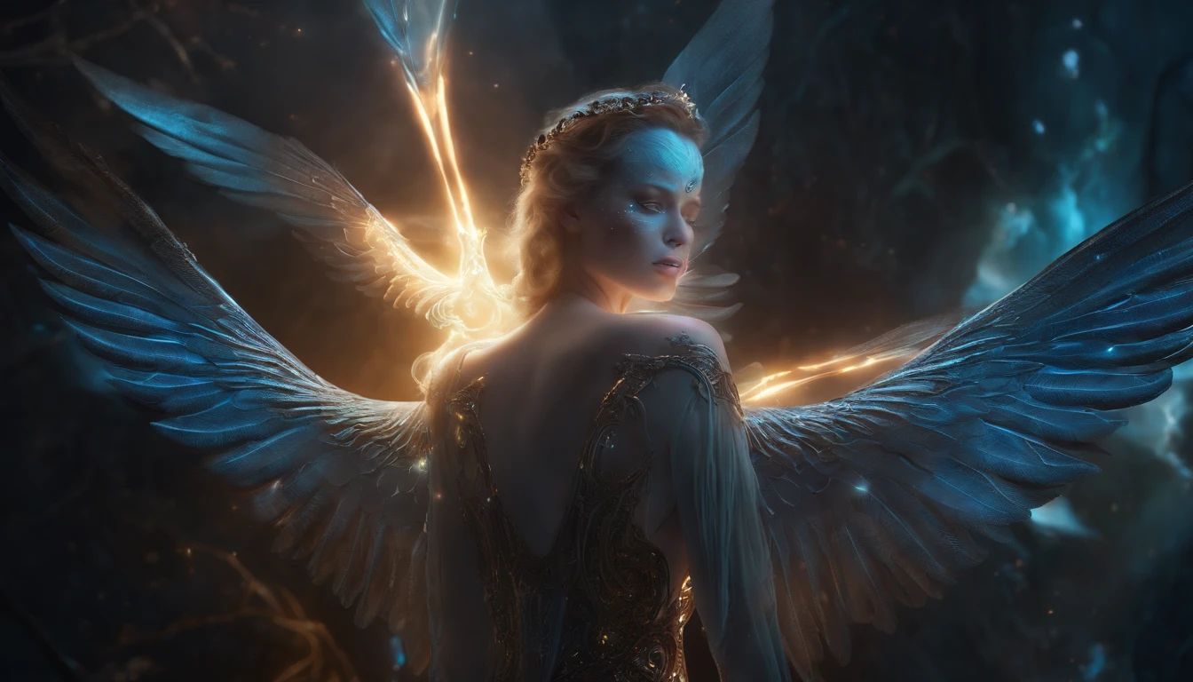 Cosmic Fallen Angel, glowing light eyes, Delicate and beautiful face，Bigchest，Biomechanical, eerie, Dream-like, Very bright colors, Light particles, with light glowing, Mshiv, wallpaper art, UHD wallpaper