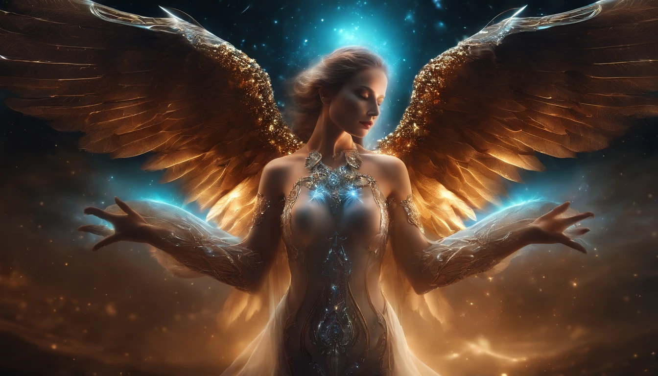 Cosmic Fallen Angel, glowing light eyes, Delicate and beautiful face，Bigchest，Biomechanical, eerie, Dream-like, Very bright colors, Light particles, with light glowing, Mshiv, wallpaper art, UHD wallpaper