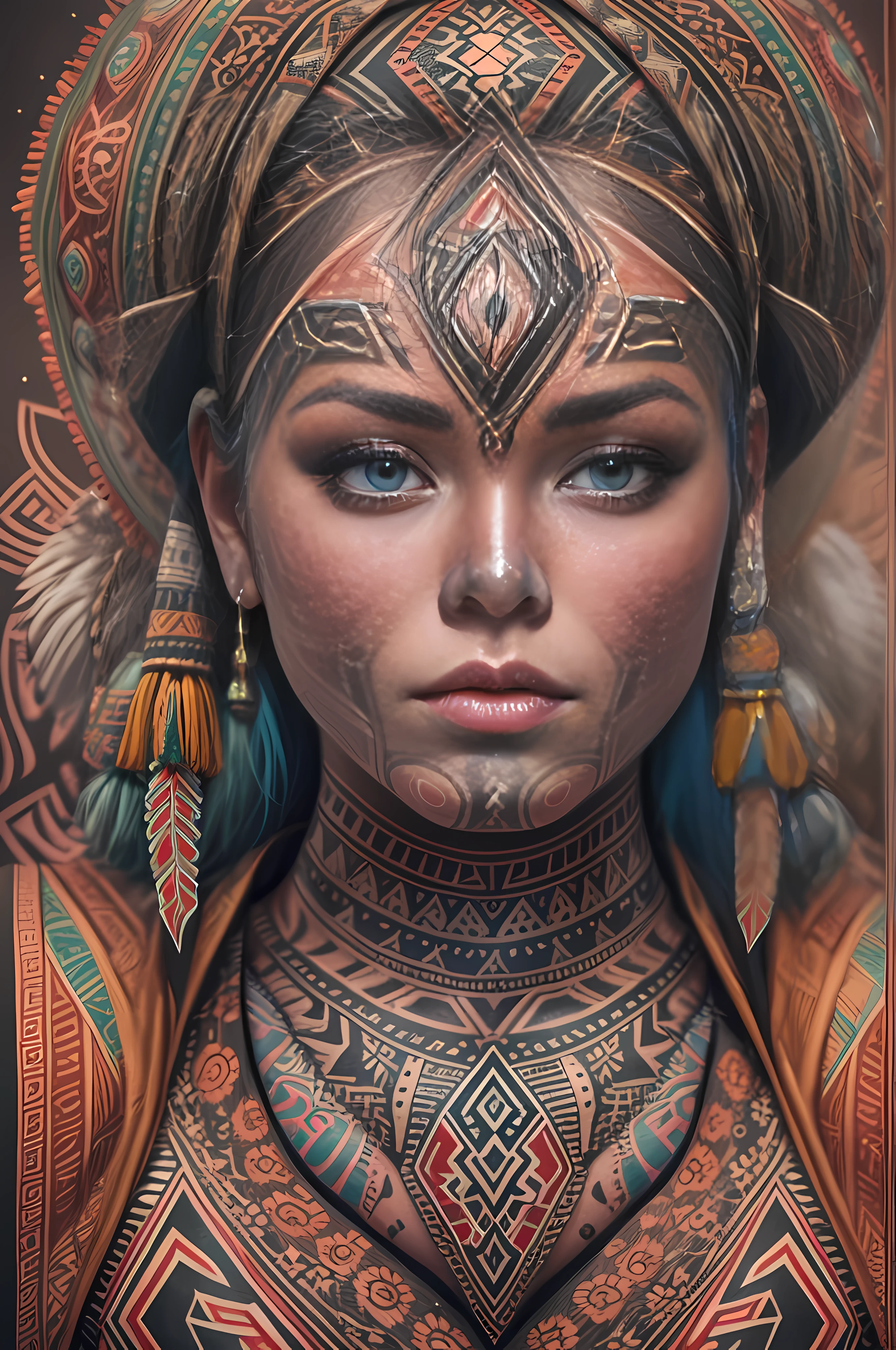a close up of a woman with a headdress and tattoos, a character portrait inspired by Hedi Xandt, trending on cgsociety, afrofuturism, aztec princess portrait, tribal makeup, aztec warrior goddess, tribal piercing and tatoos, tribal facepaint, gothic maiden shaman, amazon warrior, tribal style, aztec queen, wholesome techno - shaman lady, warrior woman