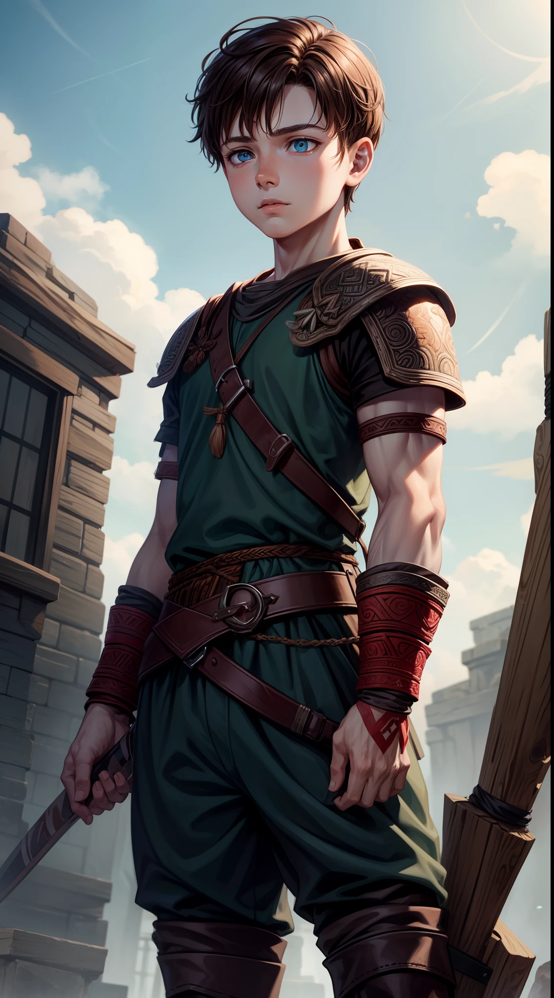 young boy, Atreus (God of War), brown hair, Cyan eyes, Hunter's clothes, Viking, Masterpiece, hiquality, high detail, HD, 4k