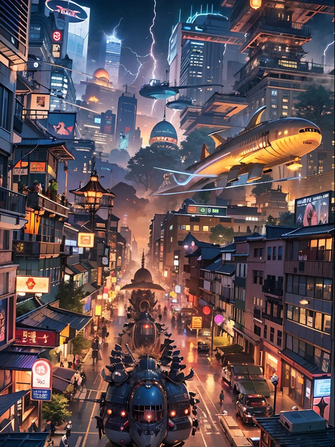 Lots of clouds,heavy fog、Twilight,(Lightning:1.5)、Chaotic city of the future、Movie dystopia、(Giant airship flying in the sky:1.5)、A group of very tall skyscrapers stands in the center、Very complex cityscape,Crowded Chinese skyscrapers、lots of trees、street signs、streetlights、taxis、buses、Train、Vibrant lighting、Dark road、puddles、Chaotic、Beautiful and fantastic scenery、Cinematic scenery、hightquality、masutepiece,in 8K、hight resolution、