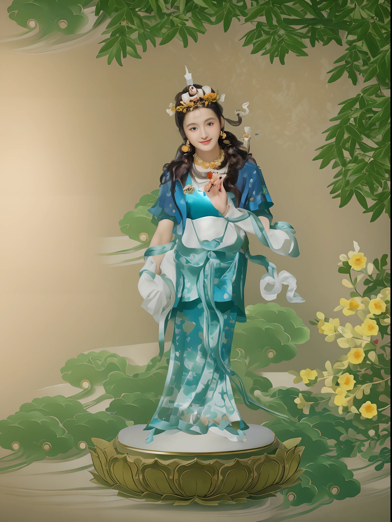 8K resolution, 超高分辨率, ((best qualtiy, 8K, tmasterpiece:1.3)), Focus:1.2, perfect bodies,Highly detailed facial and skin texture, A detailed eye,White skin,Best image quality, Solo,Under the trees,There is a beautiful 13 year old girl standing on a nasturtium,Wear a crown on your head,Wear expensive satin clothes,(((Clothing texture))),Red top, Bare waist,blue skirts,Pair it with delicate jewelry,Ribbons fluttering,Barefoot on both feet,goddess of love and peace, indian goddess of wealth, Heavenly Bodhisattva, goddess art, goddess of wisdom, an ancient Chinese goddess,Delicate skin,exquisite detailing,Soft hands,Feet,Small hands holding beautiful flowers,The flowers are soft and fresh,Realiy,Girl head background is(((With round light))),(((Behind the girl's head is the sun))),Moisturized lips, Peerless beauty, Surface 1/3,Black hair, Long hair with a shawl, voluminous hair, Intense and beautiful makeup, Exquisite and perfect facial features, Jewel-like pupils, Be red in the face, Sweet smile, (((solid color backdrop))))Under the tree,Under the sunlight, macro shot, Beautiful details, (Photorealistic:1.4), (Masterpiece), (Best quality:1.2),Light and shadow tracking,Masterpiece, Best quality,in a panoramic view, Real-world environment, hyper realisitc, Photography, Masterpiece,