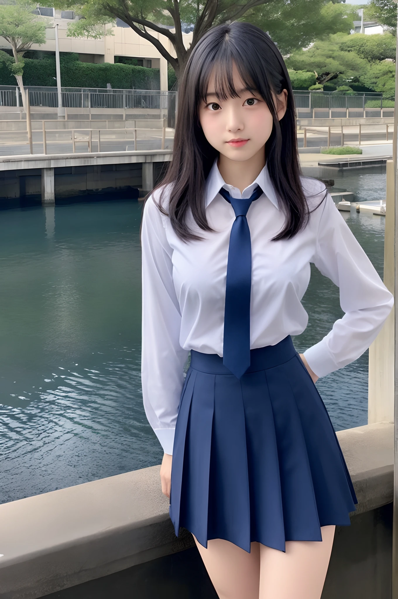 japanaese girl、Teen Girls、perfect body type、Transparency、discreet breasts、School Uniforms、Navy blue tie、Navy blue skirt、Light blue shirt、hposing Gravure Idol、waterside、Muchimuchi thighs