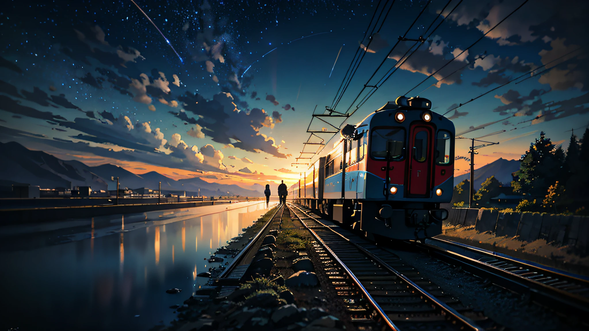 High quality masterpiece, landscape, anime train passing through bodies of water on tracks, bright starry sky. Romantic train, pixiv, concept art, lofi art style, reflection. by Makoto Shinkai, lofi art, Beautiful anime scene, Anime landscape, detailed scenery —width 672, in style of Makoto shinkai, style of Makoto shinkai, enhanced details.