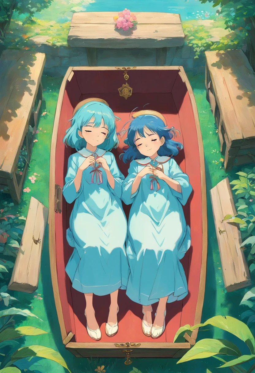 Twin sisters sleeping in a coffin,The older sister wore a light blue dress,The younger sister wears a pink dress,Mary Jane shoes,Mature and beautiful,Wears an anime collar, A long necklace and earrings, inthe style of tranquil gardenscapes, colorful animation stills, Masami Teraoka, aquamarine, Paul Gauguin, Amber style, Honest portrayal