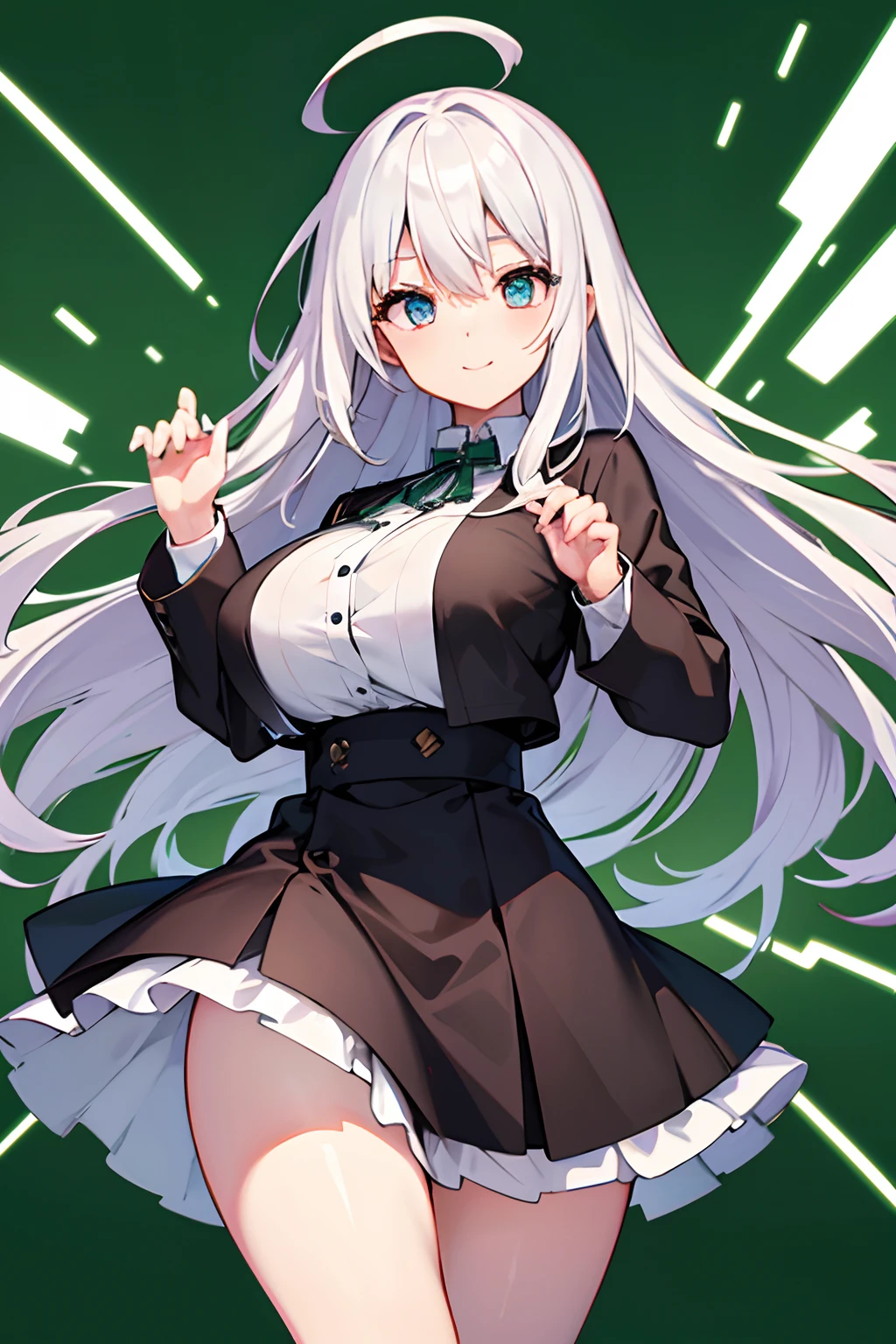 (top-quality、hight resolution、beatiful detailed eyes、white lighting:1.2)、ultra gigantic tits、爆乳、green background、Viewer's Perspective、White hair、hair longer than legs、A pink-haired、bangss、long-sleeve、Black shirt、a black skirt、Long jacket、A slight smil、Short stature、A slender、Fine details