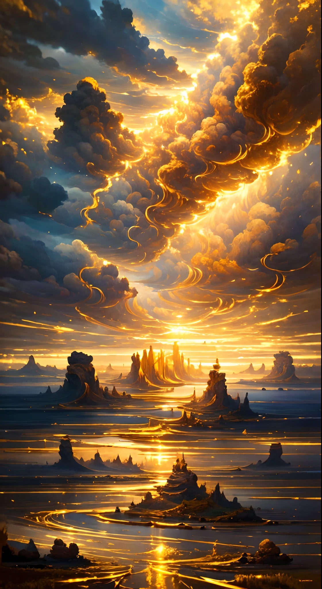 high quality, clouds, golden cloud, epic landscape, ray tracking, 8K, masterpiece