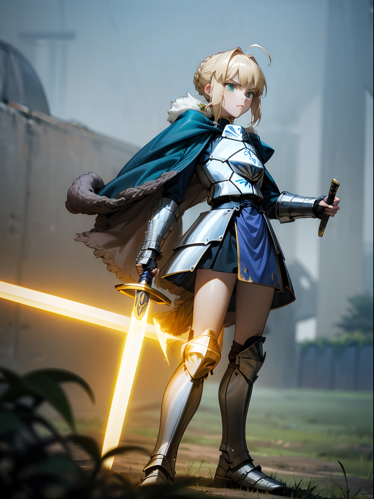 Grand background,1girll,A face,bit girl,Artoria,king arthur,King of Britain,FATE series,Knight King,medieval times,Majesty,((Bright blonde hair)),Side Body,grassland background,,Small characters,Fighting posture,There is and only one golden sword,Short pointed soldiers,Long sword body,Straight sword,Sword close-up,Sword in hand,Serious expression,Handsome,with a round face,closeup of face,Heavy sterling silver armor,Sterling silver leg armor,Sterling silver armour,Dark blue heavy cape,Fur edges,Huge dark blue round battle skirt,Gold lace,Coiled hair,Green eyes,Solitude,A half body,(超高分辨率),(Ultra-high sharpness),tmasterpiece,品质最佳