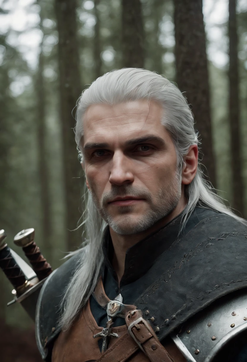 (best quality,4k,8k,highres,masterpiece:1.2),ultra-detailed,(realistic,photorealistic,photo-realistic:1.37),The Witcher: Geralt of Rivia:1.3, upper body, (Black forest background:1.3), (night:1.3), backlight, Game "The Witcher 3" background, UHD wallpaper, (Paired with Canon EF 35mm F/1.4L II USM lens for versatile compositions:1.2)