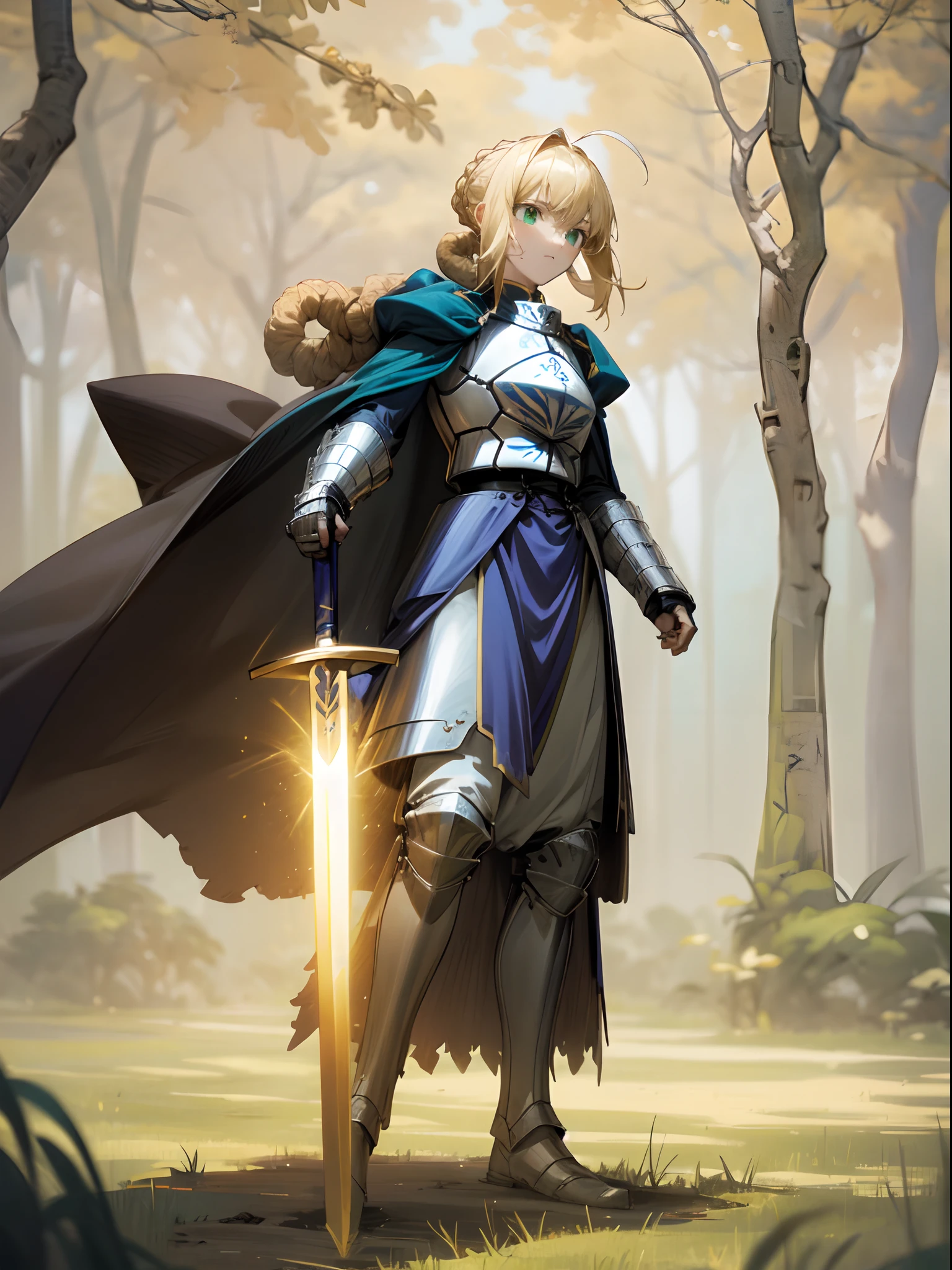 1girll,A face,Artoria,king arthur,King of Britain,FATE series,Knight King,medieval times,Majesty,((Bright blonde hair)),Stand on the grass,Golden sword,sword planted into the ground,The sword stands upright in the middle of the picture,Sword close-up,Hold the sword in both hands,ln the forest,Serious expression,Handsome face,with a round face,Heavy sterling silver armor,Sterling silver leg armor,Sterling silver armour,Dark blue heavy cape,Fur edges,Huge dark blue round battle skirt,Gold lace,Coiled hair,Poor milk,Green eyes,Solitude,A half body,(超高分辨率),(Ultra-high sharpness),tmasterpiece,品质最佳