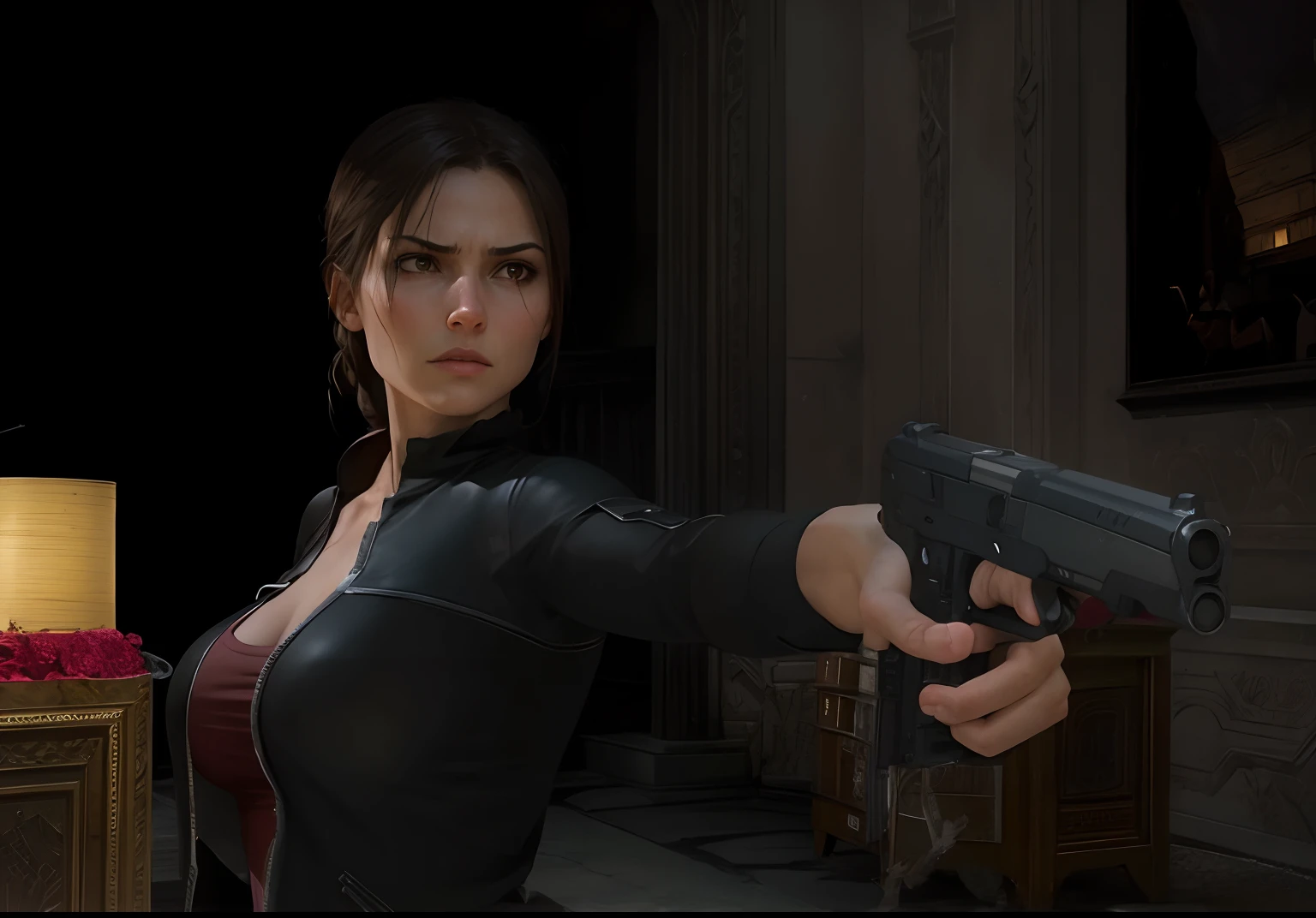 Lara Croft, Angle of Darkness, pointing pistal, serious face,